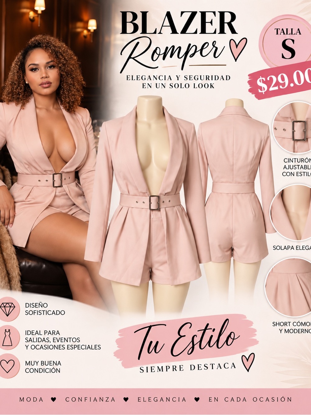 Tailored Blazer Romper in Soft Pink with Belt size Small